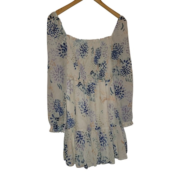 Dresses & Skirts - Wilfred Aritzia XS Floral‎ Smocked Mini Dress Blue Purple Long Sleeve Boho